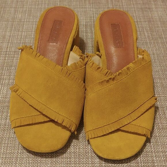 Topshop Mustard Yellow Suede Fringe Mule Heels size 38 - Picture 1 of 6